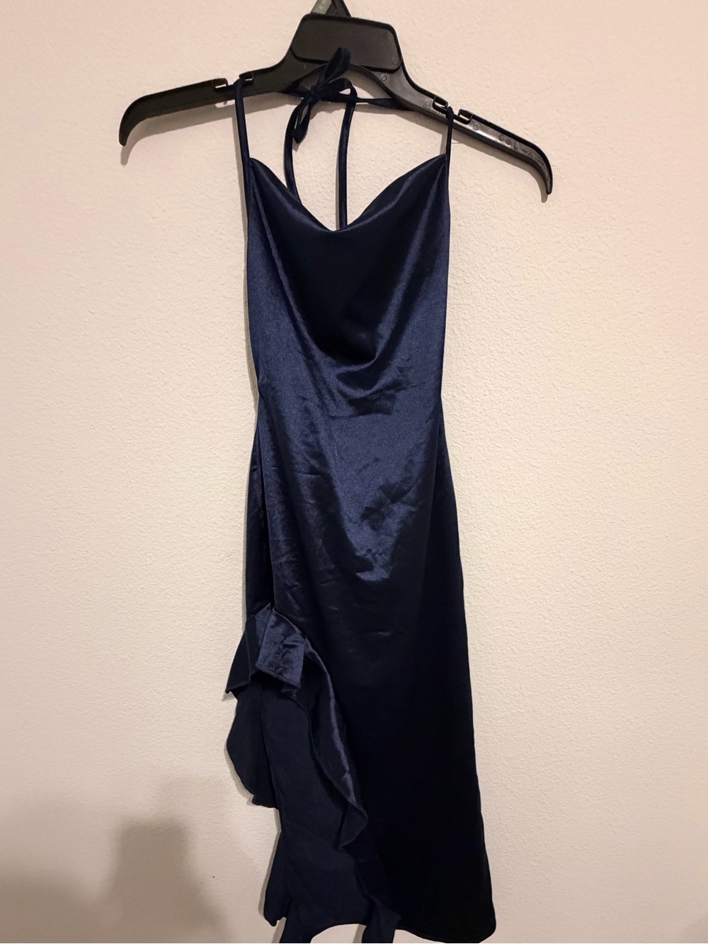 Satin Navy Slip Dress with Ruffle Detail